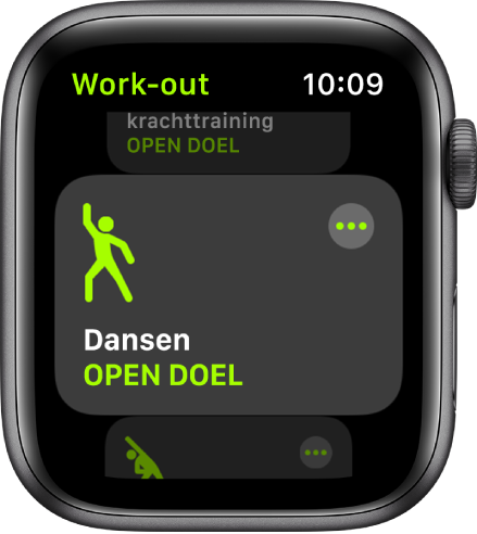 Het Work-out-scherm, waarin 'Dansen' is geselecteerd.