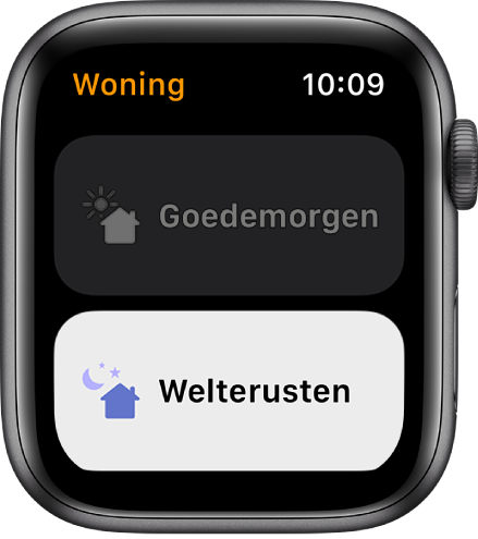 De Woning-app op de Apple Watch waarin twee scènes te zien zijn: 'Goedemorgen' en 'Welterusten'. 'Welterusten' is geselecteerd.