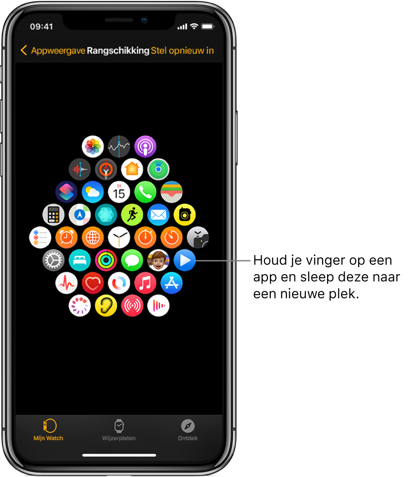 Het scherm 'Rangschikking' in de Apple Watch-app toont een raster met apps.