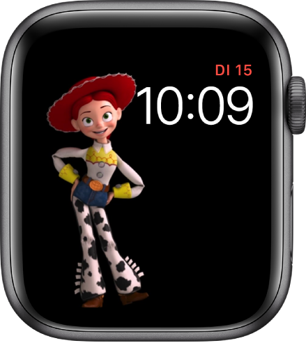 De wijzerplaat Toy Story met rechtsboven de dag, datum en tijd en links een animatieafbeelding van Jessie.