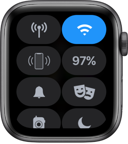 Het bedieningspaneel met acht knoppen: de mobielnetwerkknop, de wifiknop, de knop 'Stuur signaal naar iPhone', de batterijknop, de knop 'Stille modus', de theatermodusknop, de walkietalkieknop en de knop 'Niet storen'.