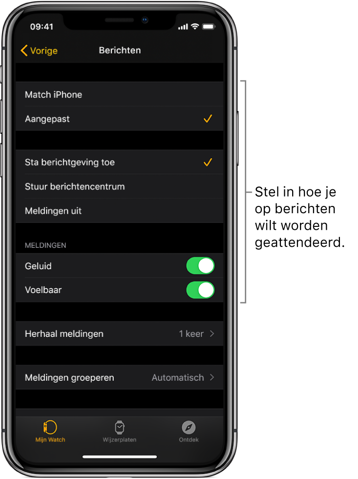 Instellingen voor berichten in de Apple Watch-app op de iPhone. Je kunt instellen of meldingen moeten worden getoond, een geluidssignaal of voelbaar signaal inschakelen en meldingen herhalen.