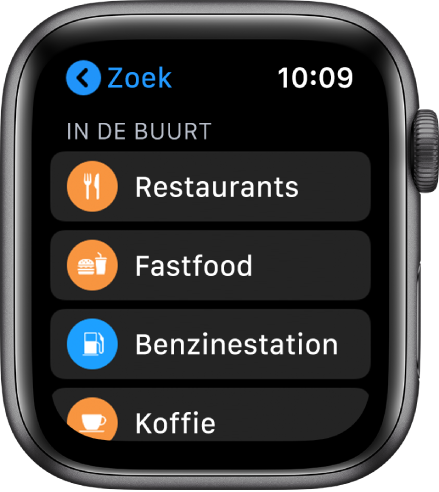 De Kaarten-app met een lijst met categorieën zoals restaurants, fastfood, tankstations en koffie.