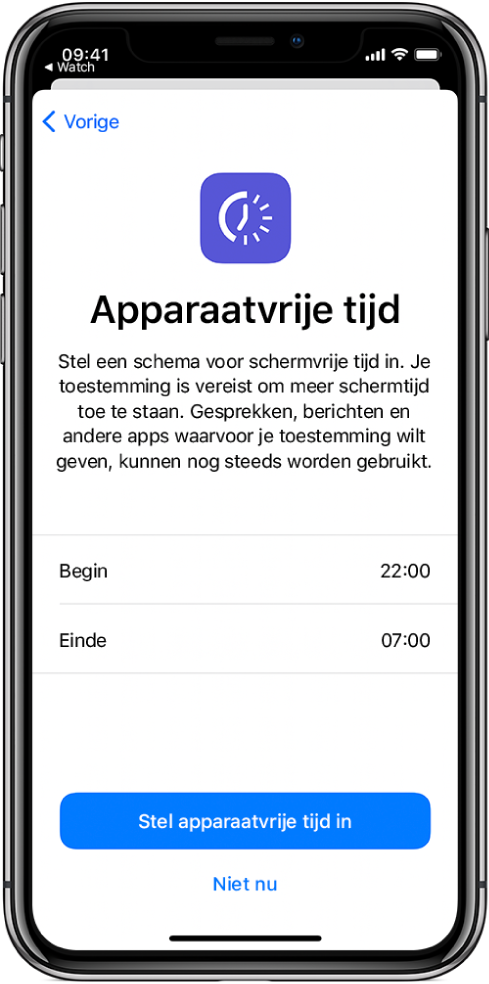 iPhone met het configuratiescherm voor apparaatvrije tijd. In het midden van het scherm kun je de begin- en eindtijd aangeven. Onder in het scherm staan de knoppen 'Stel apparaatvrije tijd in' en 'Niet nu'.