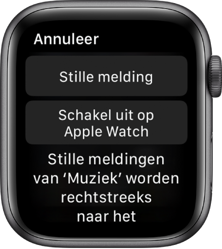 Berichtgevingsinstellingen op de Apple Watch. Op de bovenste knop staat 'Stille melding' en op de onderste staat 'Schakel uit op Apple Watch'.