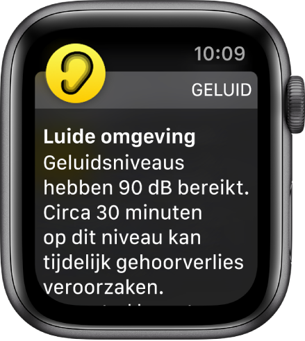 Het Geluid-scherm met een decibelniveau van 90 dB. Daaronder staat een waarschuwing voor langdurige blootstelling aan dit geluidsniveau.