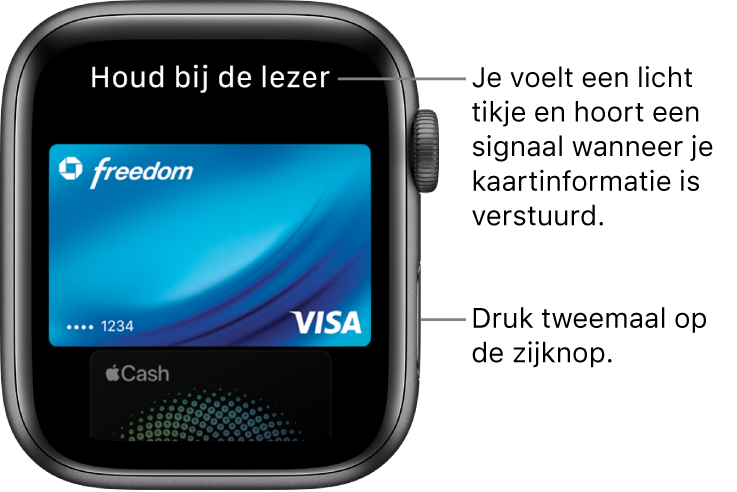Apple Pay-scherm met bovenin 'Houd bij de lezer'; je voelt een licht tikje en hoort een geluidssignaal wanneer je kaartgegevens zijn verstuurd.