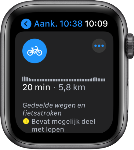 Het Kaarten-scherm met een overzicht van een fietsroute, inclusief hoogteveranderingen, de geschatte reistijd en de afstand.