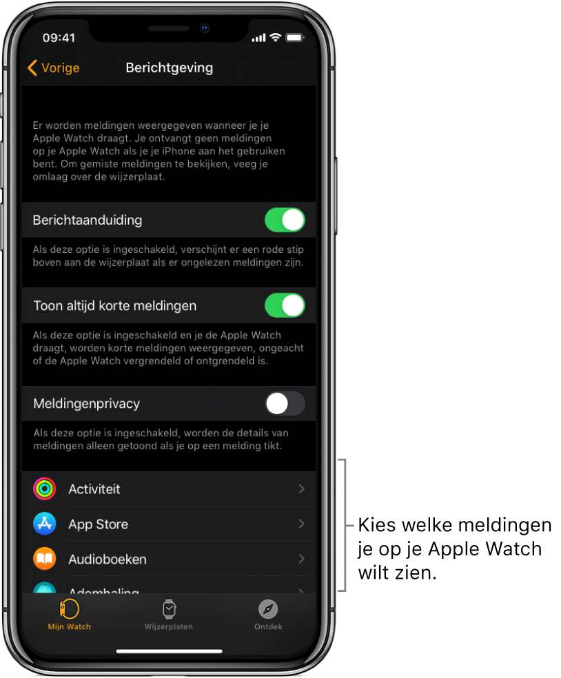 Het Berichtgeving-scherm in de Apple Watch-app op de iPhone, met apps waarvoor meldingen kunnen verschijnen.