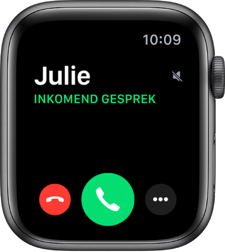 Het Apple Watch-scherm wanneer je wordt gebeld, de naam van de beller, de tekst "Inkomend gesprek", de rode weigerknop, de groene opneemknop en de knop 'Meer opties'.