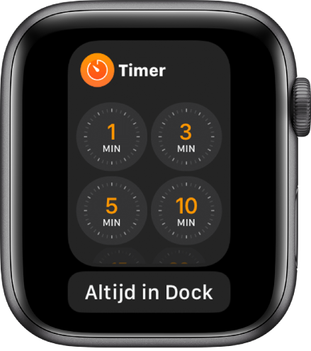 Het scherm van de Timer-app in het Dock, met daaronder de knop 'Altijd in Dock'.