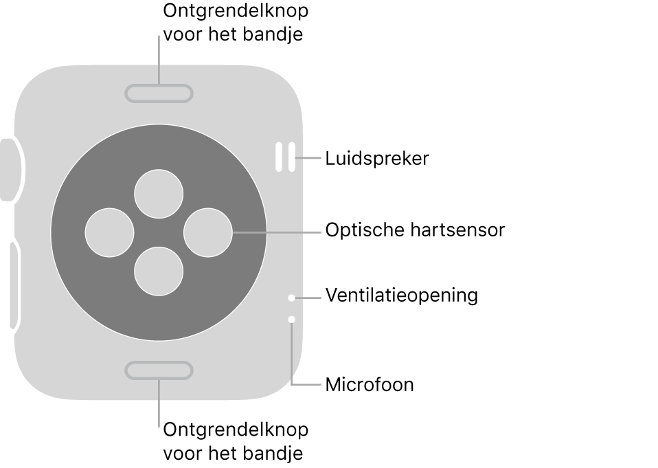 De achterkant van de Apple Watch Series 3, met aan de boven- en onderkant de ontgrendelknoppen van het bandje, in het midden de optische hartsensoren en aan de zijkant, van boven naar beneden, de luidspreker, ventilatieopeningen en microfoon.