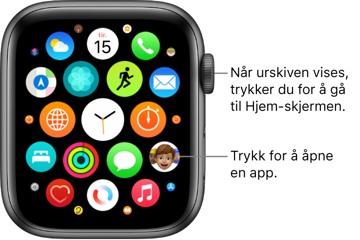 Hjem-skjermen i rutenettvisning på Apple Watch, med apper i en klynge. Trykk på en app for å åpne den. Dra for å se flere apper.