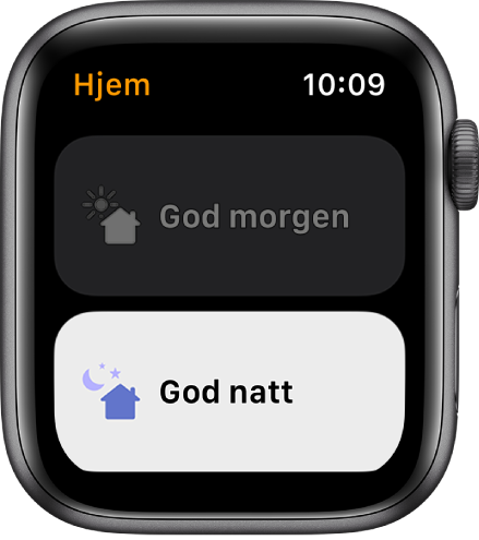Hjem-appen på Apple Watch som viser to stemninger – God morgen og God natt. God natt er markert.