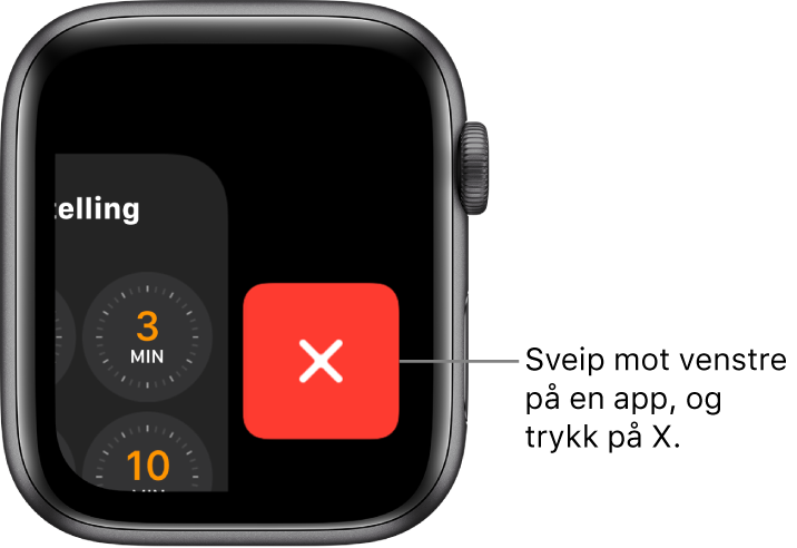 Dock etter at du har sveipet til venstre på en app, med X-knappen til høyre.