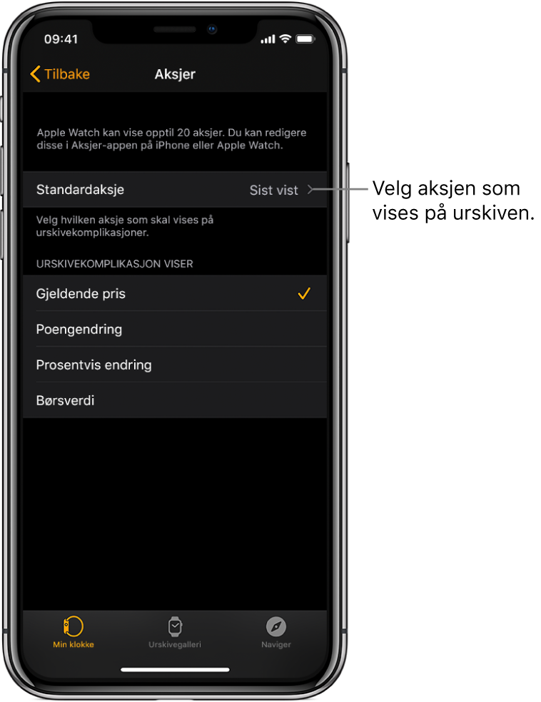 Skjermen med Aksjer-innstillinger i Apple Watch-appen på iPhone, som viser alternativer for å velge standardaksje, som er angitt som Sist vist.