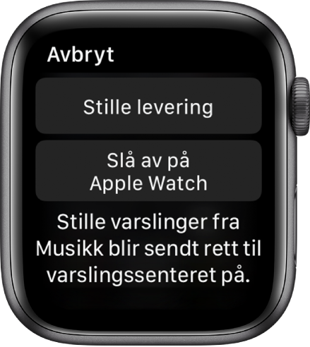 Varslinger-innstillinger på Apple Watch. På den øverste knappen står det «Stille levering», og på knappen under står det «Slå av på Apple Watch».
