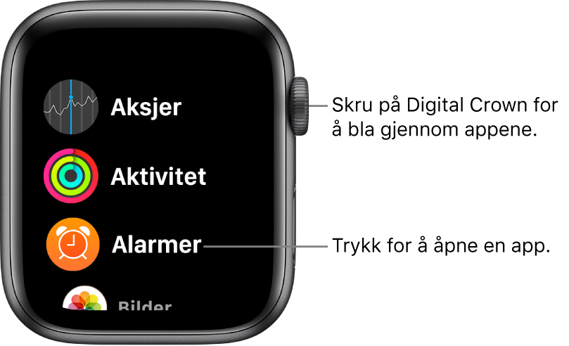 Hjem-skjermen i listevisning på Apple Watch, med apper i en liste. Trykk på en app for å åpne den. Rull for å se flere apper.