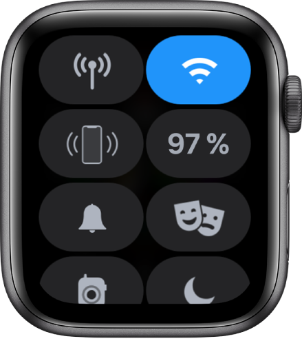 Kontrollsenter som viser åtte knapper: Mobilnett, Wi-Fi, Ping iPhone, Batteri, Lydløsmodus, Forestillingsmodus, Walkietalkie og Ikke forstyrr.