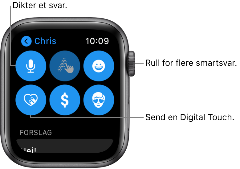 Svarskjermen viser knappene Dikter, Skrible, Emoji, Digital Touch, Apple Pay og Memoji. Hurtigsvar vises nedenfor. Skru på Digital Crown for å se flere hurtigsvar.