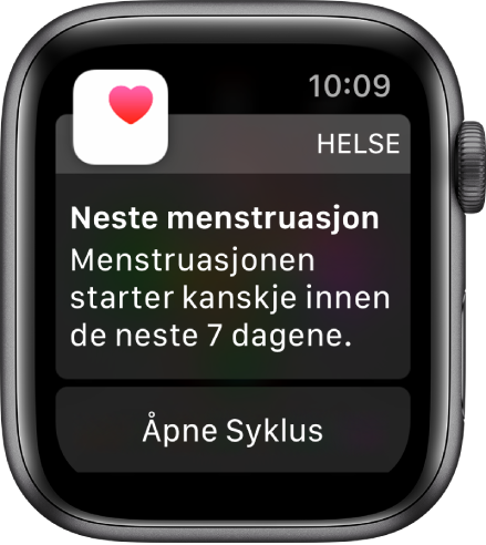 Apple Watch som viser en anslått syklus-skjerm der det står «Neste menstruasjon. Menstruasjonen starter kanskje innen de neste 7 dagene.» En Åpne Syklus-knapp vises nederst.