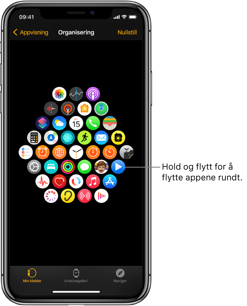 Organisering-skjermen i Apple Watch-appen som viser et rutenett med symboler.