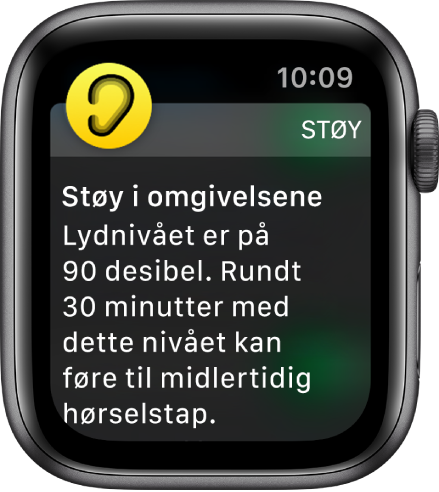 Apple Watch som viser en støyvarsling. Symbolet for appen som varslingen gjelder for, vises øverst til venstre. Du kan trykke på den for å åpne appen.