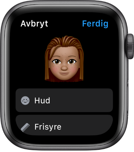 Memoji-appen på Apple Watch som viser et ansikt øverst og Hud- og Frisyre-valg under.
