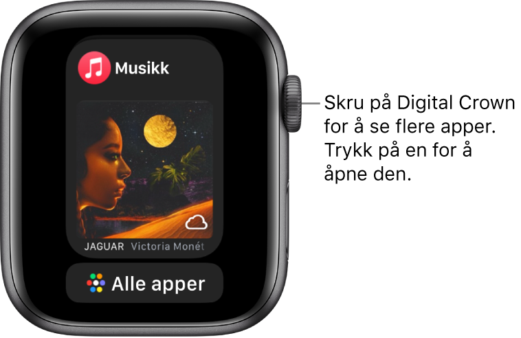 Dock som viser Musikk-appen med en Alle apper-knapp under. Skru på Digital Crown for å se flere apper. Trykk på en for å åpne den.