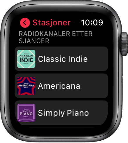 Radio-skjermen som viser tre Apple Music-radiostasjoner.