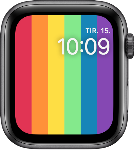 Den digitale Pride-urskiven, med vertikale regnbuestriper og dato og klokkeslett oppe til høyre.