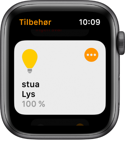 Hjem-appen, som viser tilbehør for belysning. Trykk på symbolet øverst i høyre hjørne i tilbehøret for å justere innstillingene.