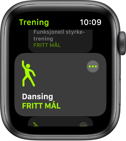 Trening-skjermen, med Dansing markert.