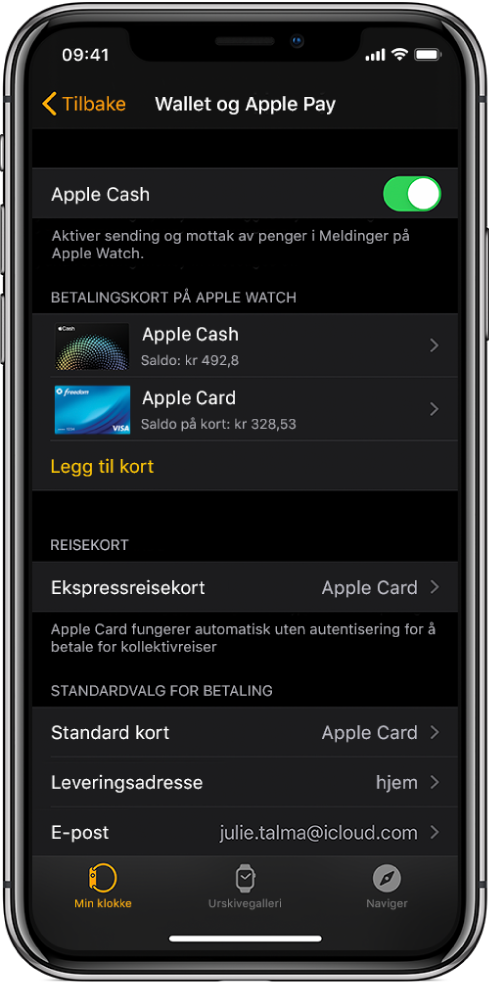 Wallet og Apple Pay-skjermen i Apple Watch-appen på iPhone. Skjermen viser kort som er lagt til på Apple Watch, kortet du har valgt å bruke for ekspressreise, og innstillinger for standardvalg for betaling.