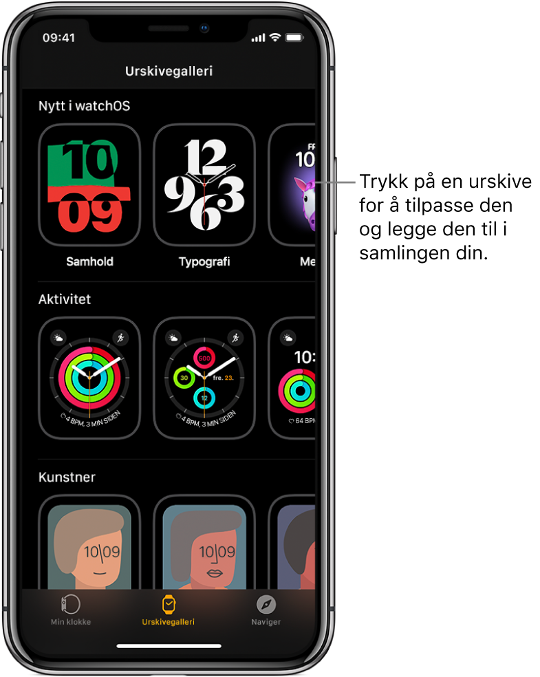 Apple Watch-appen på Urskivegalleri-siden. Den øverste raden viser nye urskiver, og den neste viser urskiver gruppert etter type – for eksempel Aktivitet og Artist. Du kan rulle for å se flere urskiver gruppert etter type.