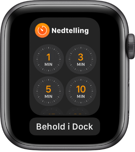 Skjermen med Nedtelling-appen i Dock, med Behold i Dock-knappen nedenfor.