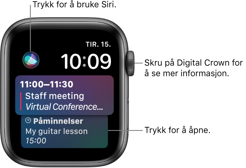 Siri-urskiven viser en påminnelse og en kalenderhendelse. En Siri-knapp er øverst til venstre på skjermen. Dato og klokkeslett er øverst til høyre.