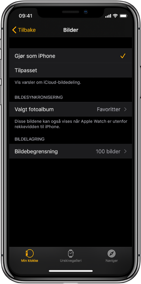 Bilder-innstillinger i Apple Watch-appen på iPhone, med Bildesynkronisering-innstillingen i midten og Bildebegrensning-innstillingen under.