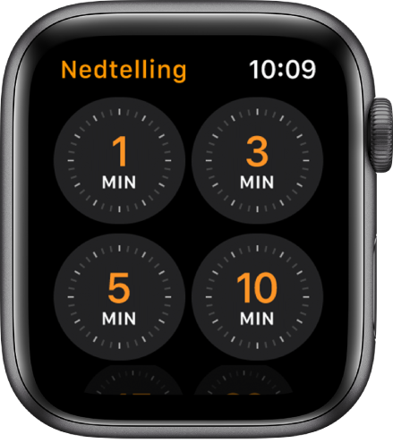 Nedtelling-appskjermen som viser nedtelling for 1, 3, 5 og 10 minutter.