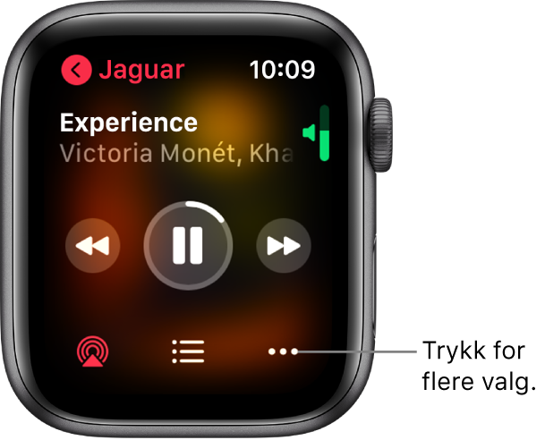 Spilles nå-skjermen i Musikk-appen. Albumnavnet vises øverst til venstre. Sangtittelen og artisten vises øverst, avspillingskontroller i midten, og knapper for AirPlay, sporliste og valg er nederst.