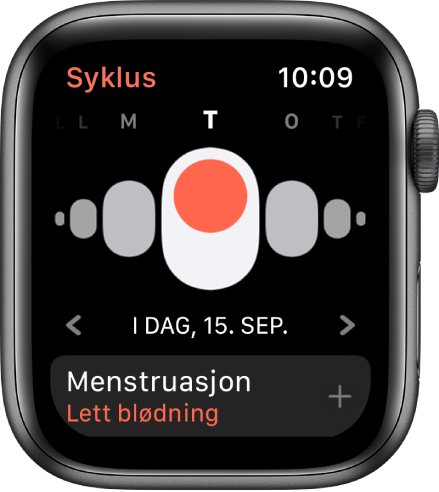 Syklus-skjermen som viser ukedager øverst, dagens dato nedenfor og Menstruasjon-knappen nederst.