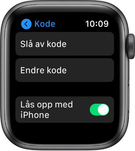 Kodeinnstillinger på Apple Watch, med Slå av kode-knappen øverst, Endre kode-knappen under den og Lås opp med iPhone-bryter nederst.