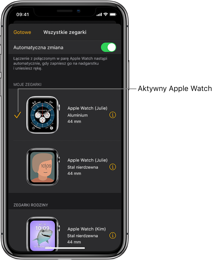 Ikona zaznaczenia na ekranie Wszystkie zegarki wskazuje, który Apple Watch jest aktywny.