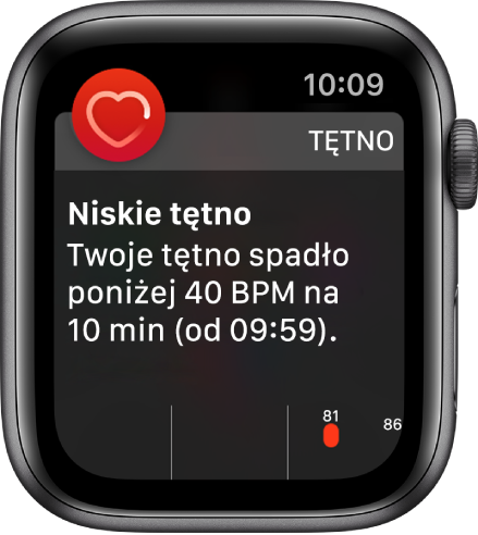 Ekran z alertem dotyczącym tętna, informującym o wykryciu zbyt niskiego tętna.