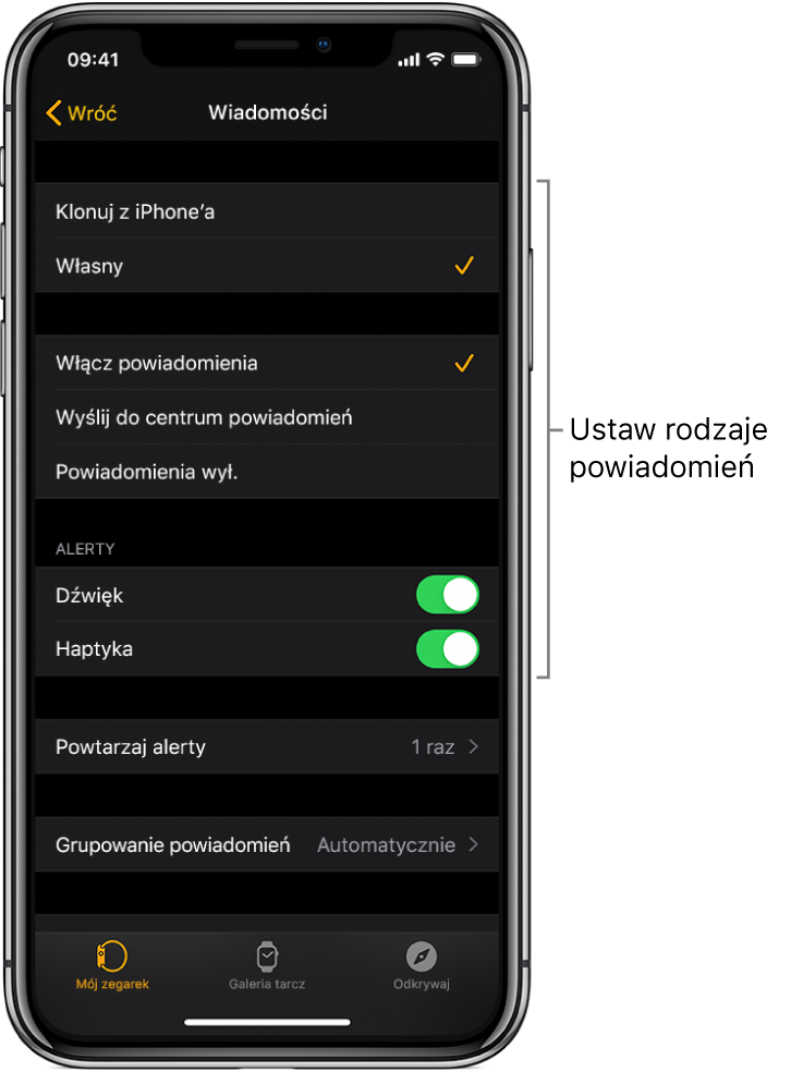 Ustawienia wiadomości w aplikacji Apple Watch na iPhonie. Możesz włączać pokazywanie alertów, włączać dźwięk, haptykę oraz powtarzanie alertów.