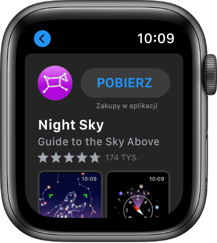 Apple Watch wyświetlający aplikację App Store. U góry ekranu widoczne jest pole wyszukiwania, a pod nim zbiór aplikacji.