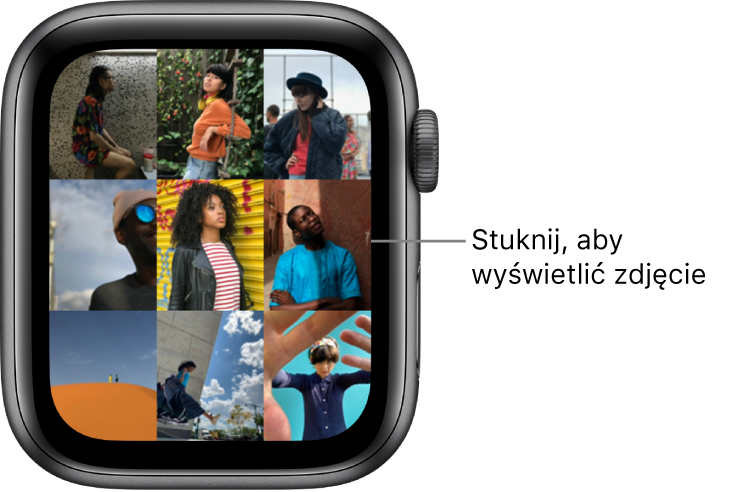Główny ekran aplikacji Zdjęcia na Apple Watch, przedstawiający kilka zdjęć wyświetlonych w postaci siatki.