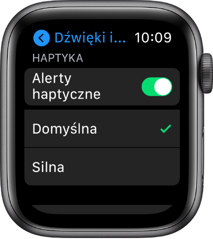 Ustawienia dźwięku i haptyki na Apple Watch. Widoczny jest przełącznik Alerty haptyczne, a poniżej opcje Domyślna oraz Silna.