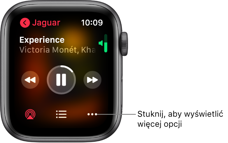 Ekran Odtwarzane w aplikacji Muzyka. Nazwa albumu znajduje się w lewym górnym rogu. Na górze wyświetlany jest tytuł i wykonawca utworu, na środku narzędzia odtwarzania, a na dole — przycisk AirPlay, lista ścieżek oraz przyciski opcji.