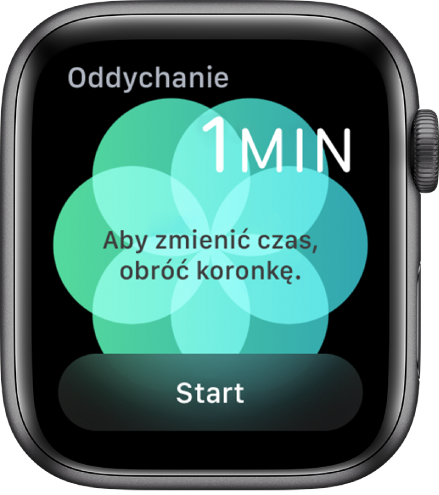 Ekran aplikacji Oddech. W prawym górnym rogu widoczny jest czas trwania, równy jedną minutę. Na dole znajduje się przycisk Start.